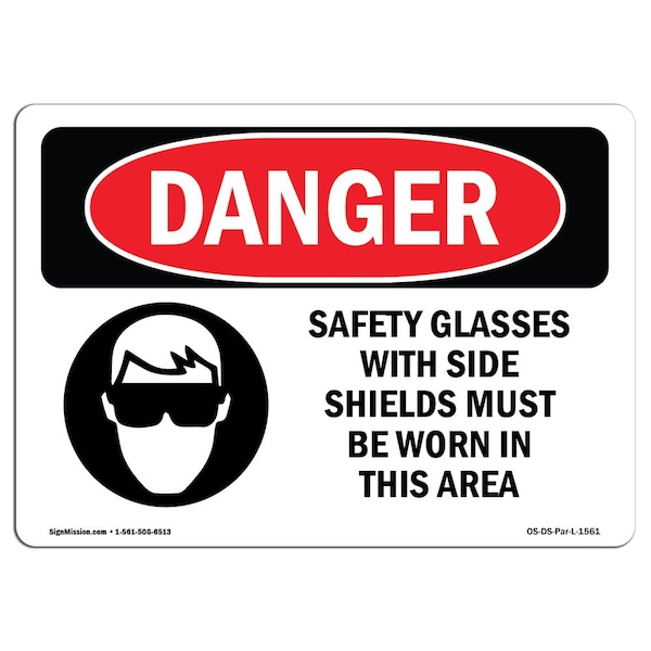 OSHA Sign, Glasses W/ Side Shields, 5in X 3.5in Decal, 10PK, 5" W, 3.5" H, Landscape, PK10